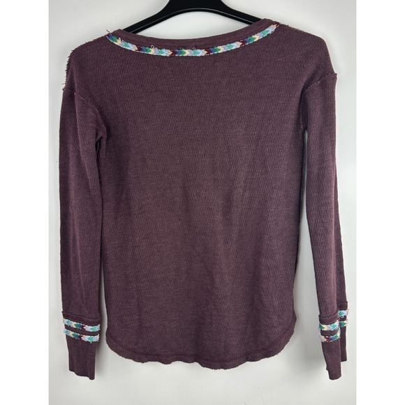 We The Free People Rainbow Trim Henley Thermal Top Small Boho Embroidered Wine - Picture 8 of 13